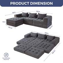 MAXYOYO Modular Sectional Sofa Couch,Foldable Sofa Bed With Ottoman,Convertible Cloud Couch Corded Tufted Floor Sofa Lounger With Pillows For Living Room No Assembly - Dark Grey - View 7