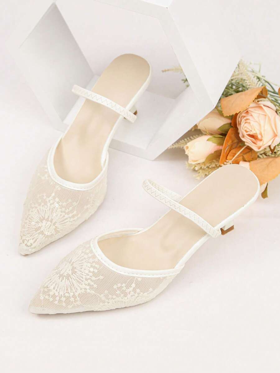 2026春夏新款法式尖头高跟凉鞋，中国风刺绣蕾丝网眼镂空穆勒鞋，优雅精致细高跟鞋，百搭迷人淑女高跟鞋 - 白色 - 查看 1