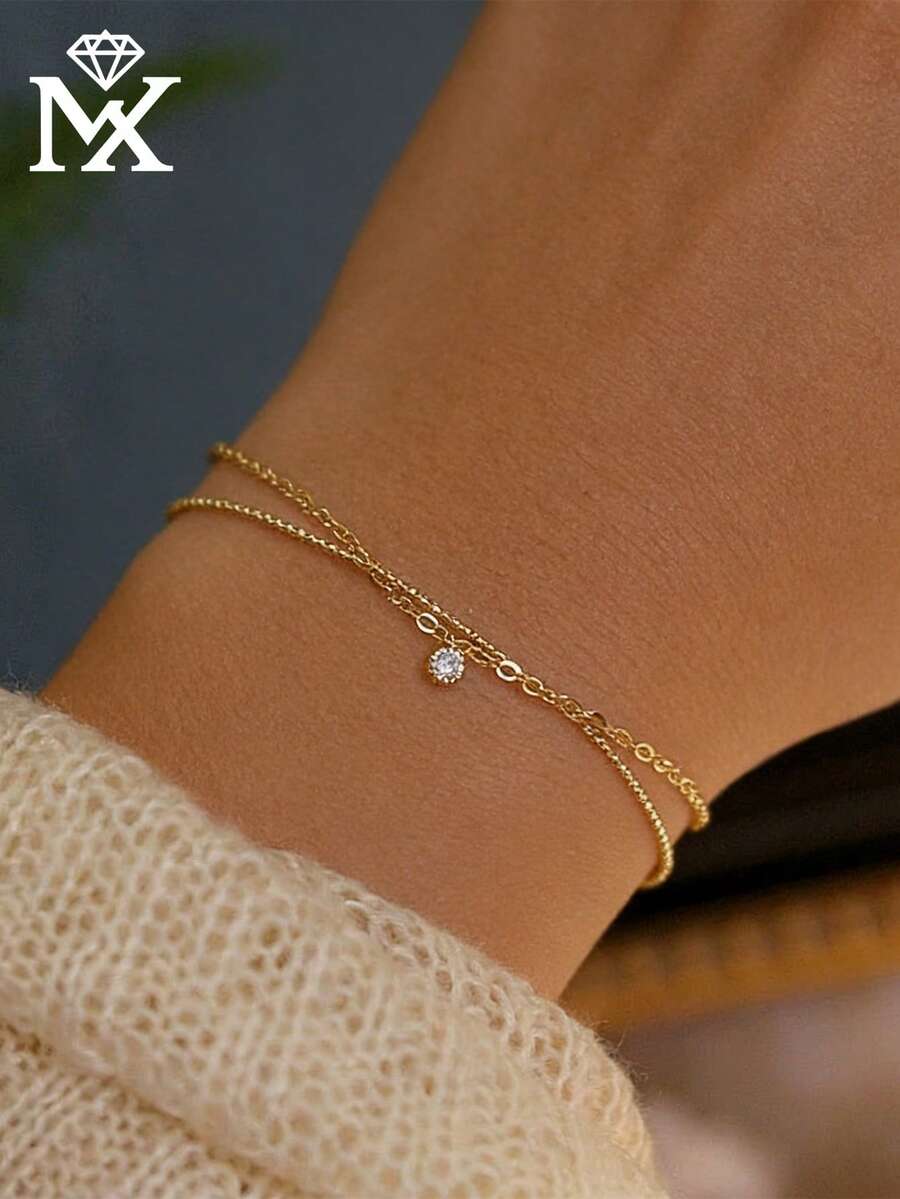 SYMFNY 1件奢华简约S925纯银双层镶嵌闪亮锆石精致手链，时尚珠宝礼物，适合送给女朋友、生日、情人节 - 金黃色 - 查看 1