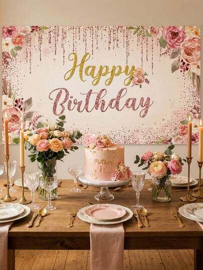 1 pieza Fondo de poliéster para Feliz Cumpleaños, con múltiples opciones de diseño (Floral rosa y brillo dorado/Rosa y brillo rosa) con acento floral y de confeti, fondo fotográfico plegable resistente a la decoloración para fiesta de cumpleaños, celebración, brunch, reunión familiar, celebración interior y exterior