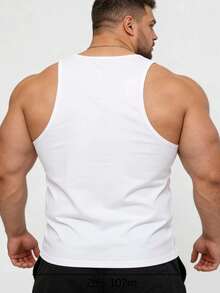Plus Size Men's Solid Color Ribbed Knit Sleeveless Sports Tank Top, Breathable Fitness Training Casual Wear, Classic White, Breathable, Suitable For Gym And Plus Size Scenarios - White - View 6