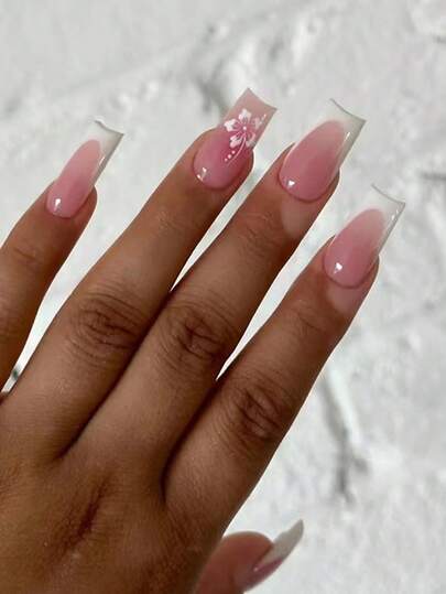 24 Pieces Of Square Spring-Style French-Style White-Edged Simple Peach-Blossom-Gloss Press-On Reusable False Nails, Accompanied By 1 Piece Of Jelly Glue And 1 Stick Of Adhesive, With A Short Square Design That Combines Practicality And Aesthetics. It Enhances Hand Shape And Makes It Look Longer, Is Not Prone To Bumps, And Is Suitable For Various Occasions.