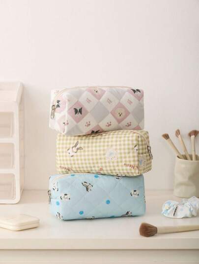 Style Ins Mignon Lapin et Chien Motif Corduroy Trousse à Crayons, Pochette de Papeterie Esthétique Simple, Étui à Stylo Doux et Léger, Organisateur Portable Grande Capacité, Sac de Maquillage Cosmétique pour Étudiants École Bureau Voyage Quotidien