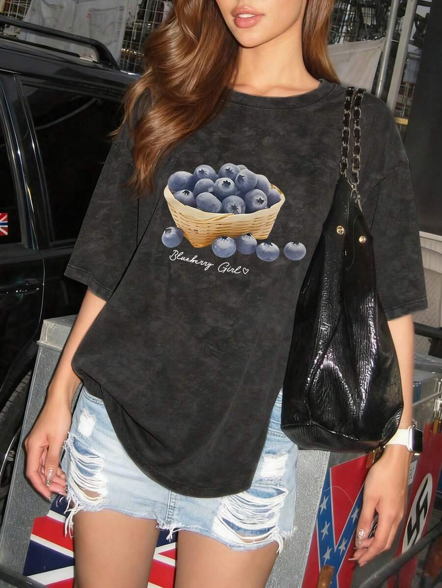 Summer New Simple Fashion Blueberry Girl Fresh Blueberry Basket Fruit Print Casual Round Neck Tie-Dye Short Sleeve T-Shirt, Fashionable & Versatile Women Top - White - View 1