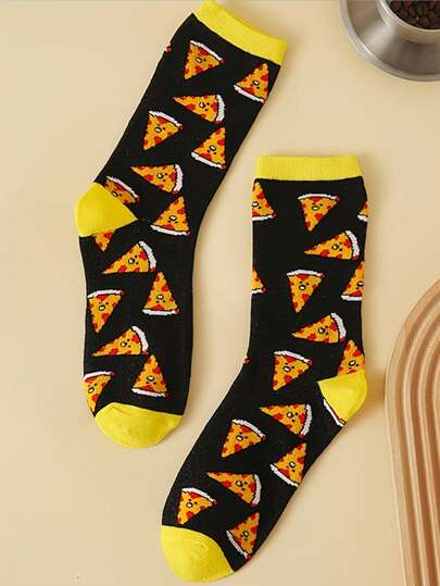 1 Pair Men's Crew Socks With Cartoon Pizza Pattern, Contrast Color Design, Creative Fashion High-Quality Socks, Suitable For Holidays And Gifts, Thin Breathable Comfortable Moisture-Wicking Socks For Spring, Summer, Autumn, Casual And Sports Wear