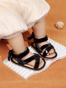 1 Pair Girls' Solid Color Bow PU Hook And Loop Design Flat Non-Slip Breathable Sandals, Toddler First Walking Shoes Suitable For Summer, 0-1 Years Old - Black - View 7