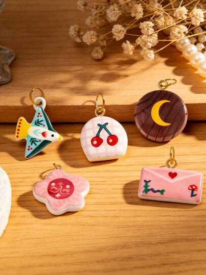 不锈钢鸟花吊坠饰品，手工串珠项链，镀金，粉色元素吊坠组合，包括花朵、月亮、太阳、信封、飞鱼和动物，适合DIY手工爱好者