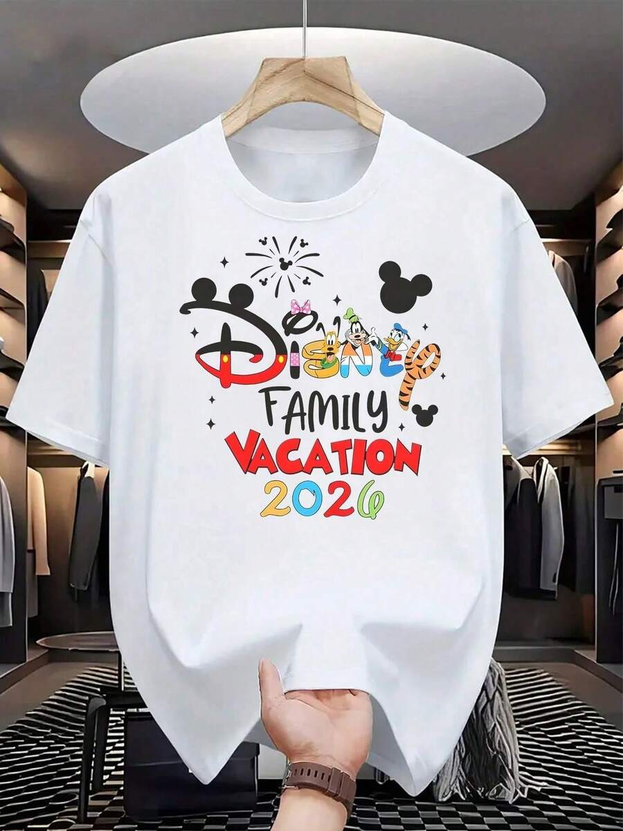Casual Women's Cotton Round Neck Short Sleeve T-Shirt With Disney Family Vacation 2026 Print Regular Fit, Men's Sizes Suitable For The Whole Family - 白色 - 查看 1
