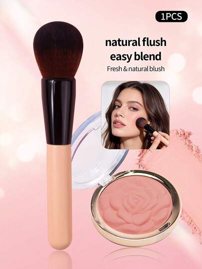 1pc Apricot Color Blush Brush, Powder Brush,Wooden Handle Middle Handle Elliptical Brush Head Fluffy And Soft,Nylon Hair,Makeup Brush Cosmetic Brush,Portable Household, Outdoor,Unisex
