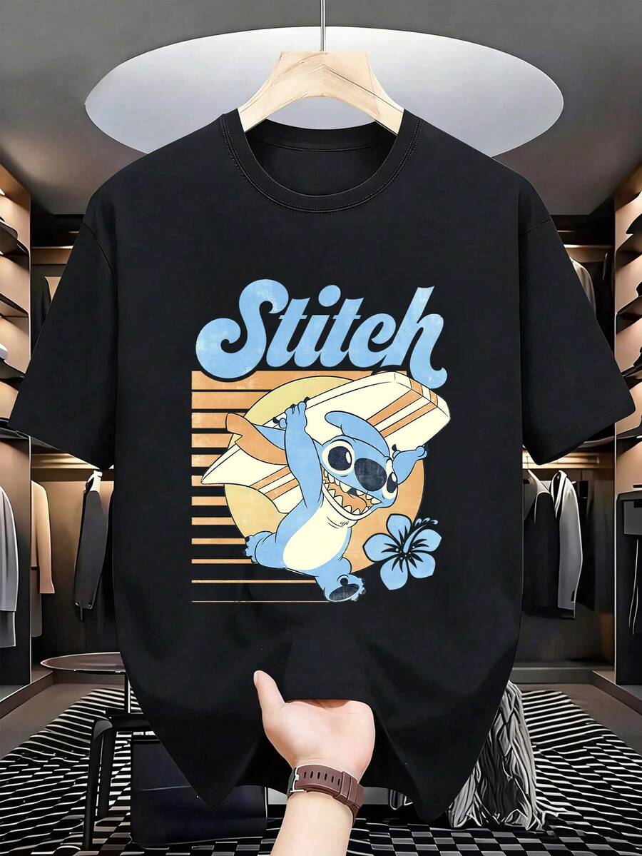 Disney Men's Casual T-Shirt, Stitch "Retro Surfing" Print (Black Front), Bold & Vibrant Design, Ideal For Lilo & Stitch Fans & Daily Wear - Black - View 1