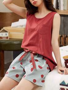 2pcs Women Pajama Set, Spring/Summer Vest & Shorts, Lightweight Solid Color Polka Dot Pants, Casual & Cute Style For Home Wear - Red - View 3