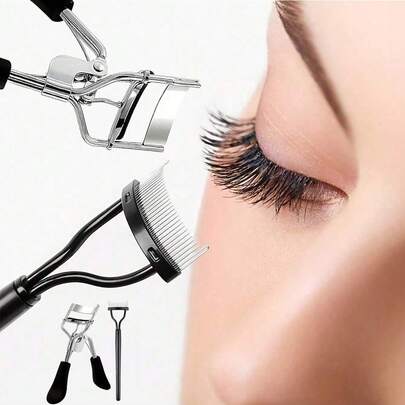 2件套睫毛夹套装，包含睫毛梳和睫毛夹，持久卷翘，便携式钢制眉/睫毛刷，睫毛化妆配件工具