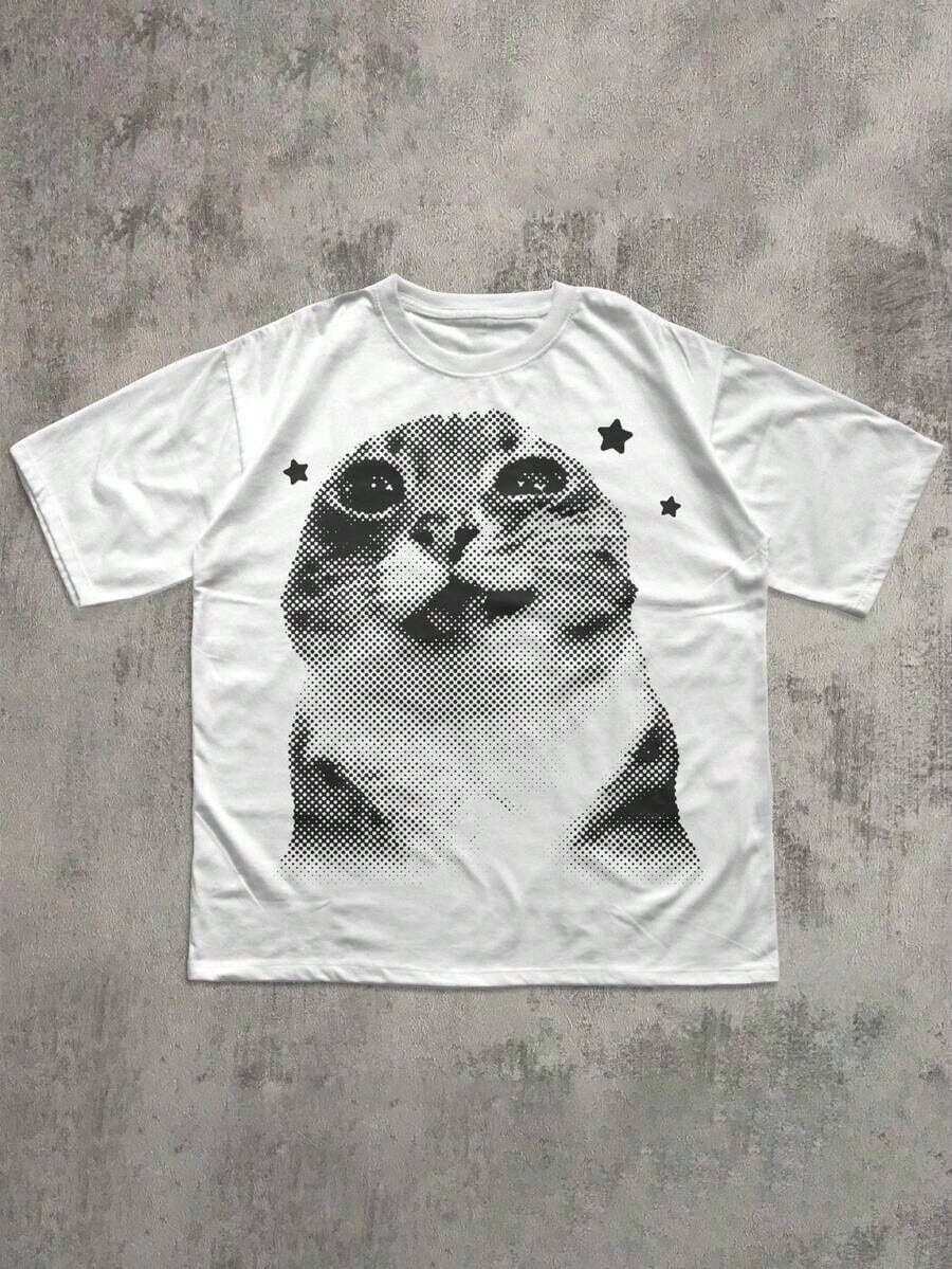 Camiseta divertida de gato retro Y2K, camiseta de gato extravagante, camiseta vintage, regalo para amantes de los gatos, camiseta de mujer de cuello redondo linda, nueva blusa de primavera/verano - Blanco - Ver 1