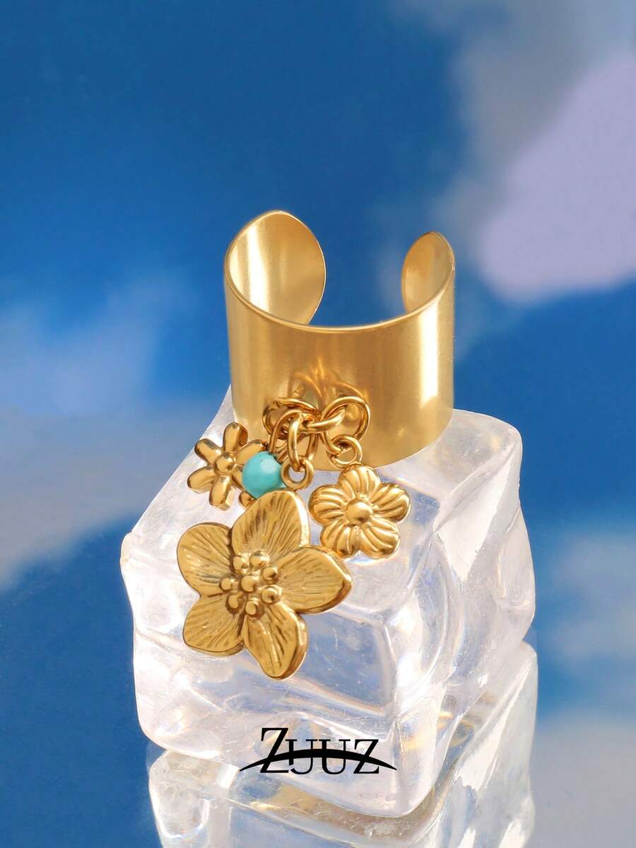 1件装时尚海洋设计不锈钢珍珠贝壳海星花朵吊坠戒指，宽开口戒指，女士珠宝礼物，适合女性日常派对佩戴。 - 戒指 - 查看 1