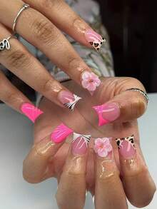 24片长款粉色豹纹法式美甲贴纸，3D凝胶花瓣，内置钢珠设计，完美贴合亚克力指甲，包含1片果冻凝胶和1个指甲锉，适合女性和女孩日常、节日派对等场合使用。 - 彩色 - 查看 4