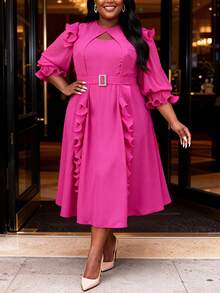 Plus Size Women's Elegant Chiffon Pleated Mid-Length Dress With Layered Ruffle Sleeves And Belt, Fashion Party Wedding Guest Formal Occasion Dress - 玫紅色 - 查看 1