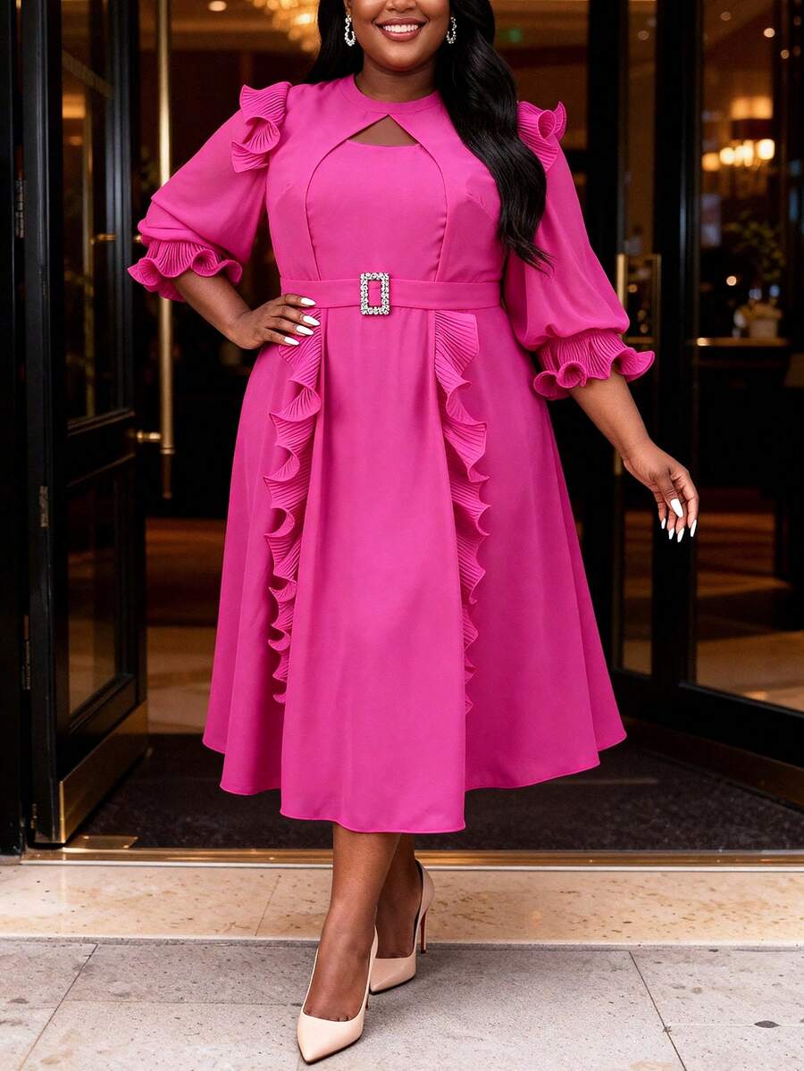 Plus Size Women's Elegant Chiffon Pleated Mid-Length Dress With Layered Ruffle Sleeves And Belt, Fashion Party Wedding Guest Formal Occasion Dress - 玫紅色 - 查看 1