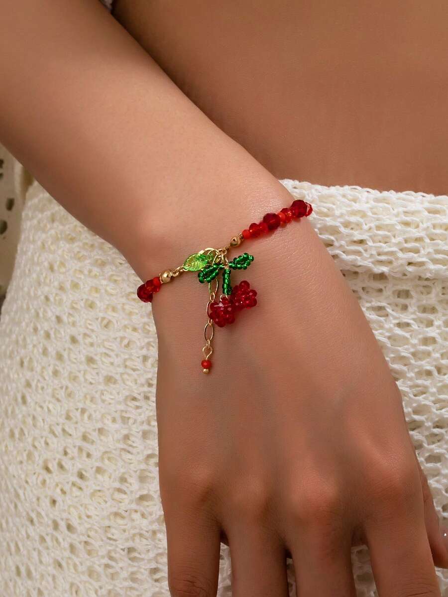 1 Pc Cute Cherry Charm Bracelet For Women And Girls - Handmade Glass Beaded Bracelets With Cherry Pendant, Sweet Boho Chic Style Summer Fruit Cherries Jewelry - Multicolor - View 1