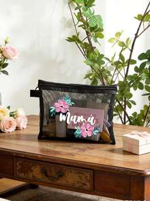 母親節主題網格包，印有「Mom」花卉設計，媽媽化妝包，母親節禮物，大容量女性旅行化妝包盥洗包，DIY收納包，可折疊便攜收納包，適合個人旅行化妝品收納 - 彩色 - 查看 2