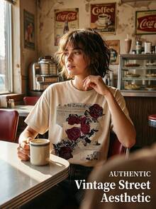 New American-Style 100% Cotton T-Shirt Suitable For Both Men And Women. Featuring Fun Retro Rose And Newspaper Cartoon Letter Pattern Prints. This Street-Style Korean-Style Comfortable Retro Fashion Commuting Versatile Y2k Clothing. Regular Small-Scale Punk-Style Fitted Black Round-Neck Short-Sleeved Washed T-Shirt From The Washed-Out Retro Series. Comfortable Pure Cotton T-Shirt From The Washed-Out Retro Series, Easily Creating Retro Casual Clothing. Suitable For Daily Commuting, Casual Outings, Music Festivals, And Daily Wear. Classic Retro Style. Men's Printed T-Shirt, Women's Printed T-Shirt. - 杏色 - 查看 2