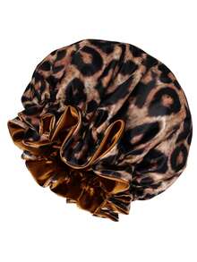 双层拼接缎面睡眠帽假发，豹纹波西米亚风睡眠帽假发，夏季，沙滩，帽子 - 黃豹紋 - 查看 3