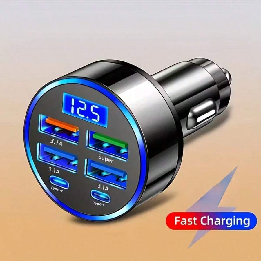 1pc LED Voltage Display Car Charger - 95W Super Fast Charging 6-Port (2 PD/4 USB/2 Type-C) Adapter, Travel Car Accessory, Compatible With Apple, Android Devices & Pro
