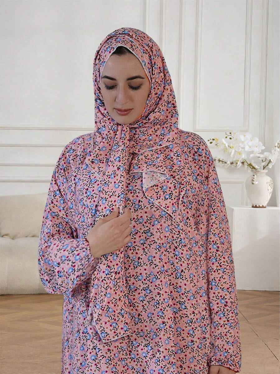Ditsy Floral Hooded Abaya Ditsy Floral Hijab Dress Loose Ditsy Floral Maxi Dress, Plus Size Long Sleeve Maxi Dress Colorful Ditsy Floral Breathable Abaya Soft Modest Dress Popular Middle Eastern & Southeast Asian Style Abaya Pink Vacation Spring - Pink - View 1