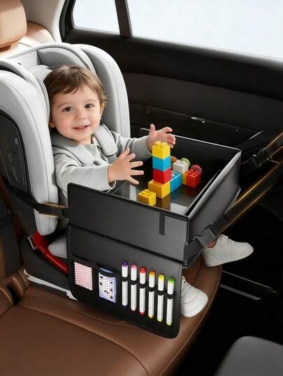 Foldable & Expandable Multi-Functional Car Seat Storage Tray With Cup Holder, Suitable For Car, Airplane And Home