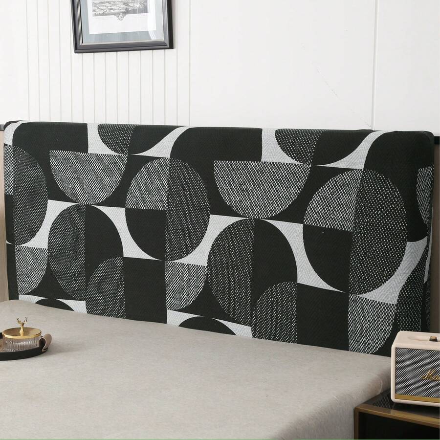 Stretchable Milk Silk Headboard Cover, All Inclusive, Simple Geometric Pattern Design, Soft Polyester Fiber Fabric, Modern Style Bedroom Furniture Protective Cover - Black and White - View 1