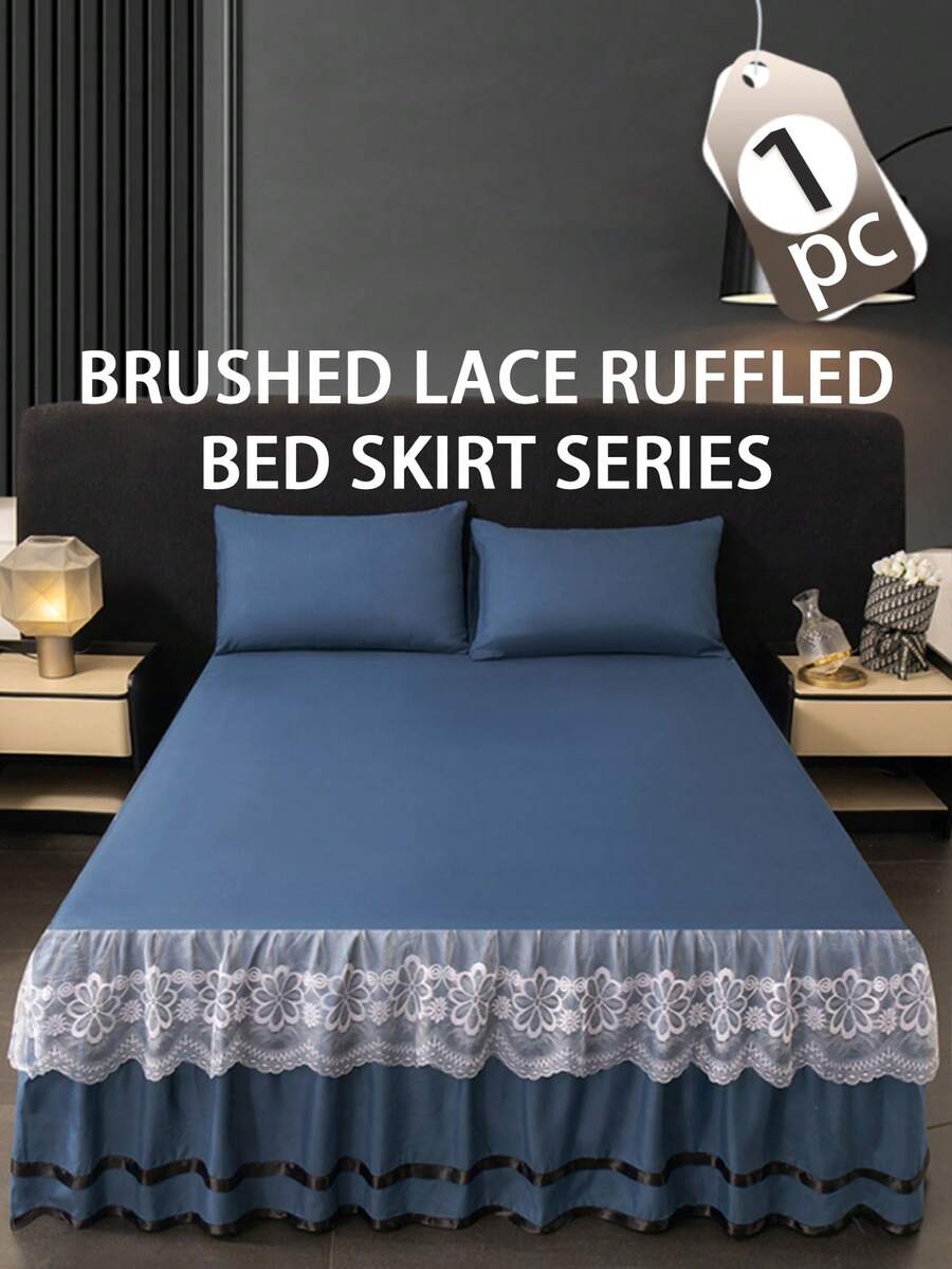 1pc Soft Lace Ruffled Bed Skirt, Solid Color Elastic Bed Skirt, Comfortable Bed Cover, Lace Elastic Bed Skirt, Selected Skin-Friendly Brushed Fabric, Four-Corner Tie Design Easily Fixes Mattress And Prevents Displacement, Princess Lace Style Bed Skirt Suitable For Home, Hotel Bedroom, Can Replace Lace Decorative Elastic Bed Sheet, Easy To Fit Dust Ruffle - Royal Blue - View 1