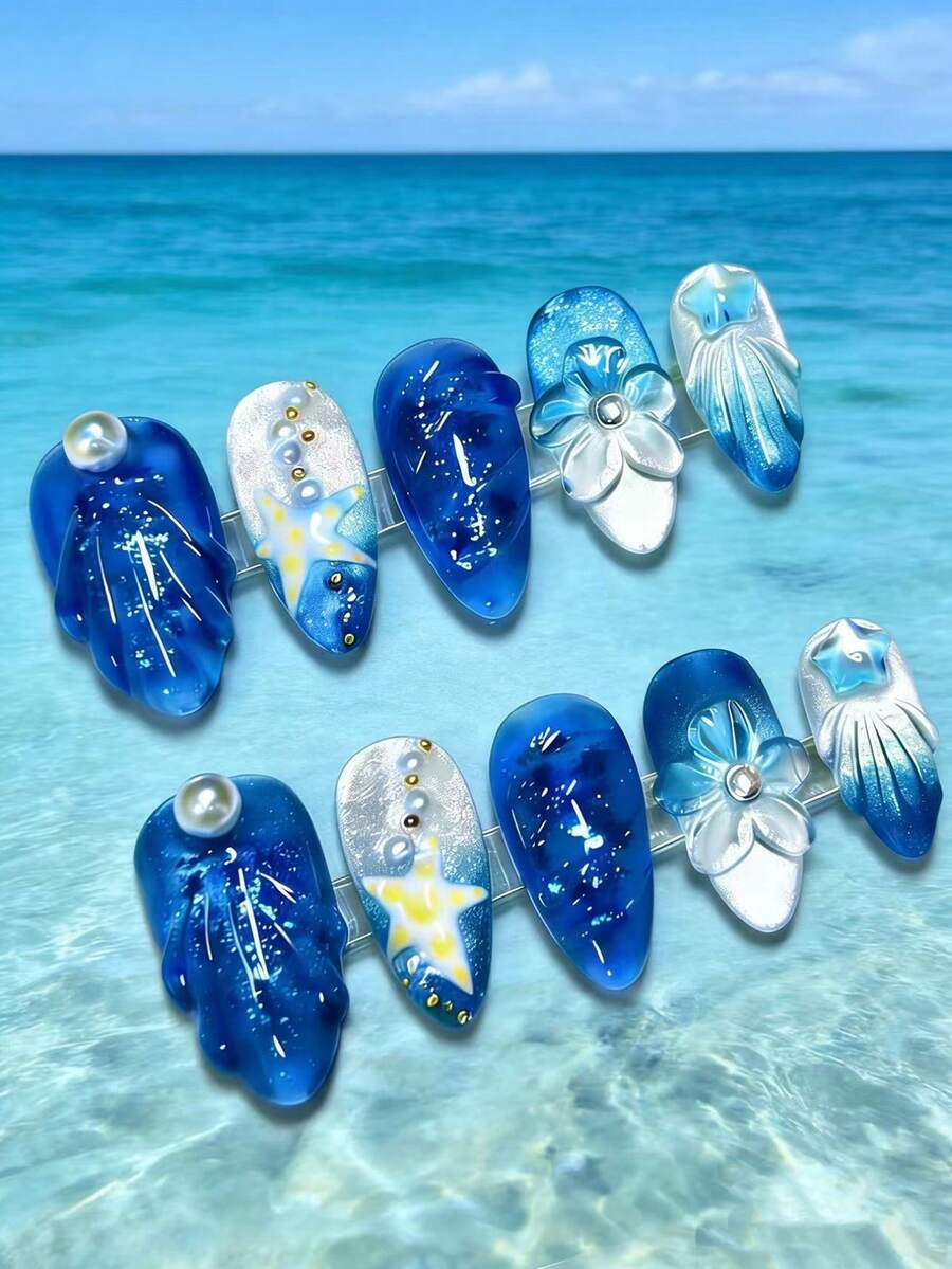 1 gói/10 cái - Ocean Whisper: Móng tay họa tiết sao và ngọc trai - Xanh đậm - Xem 1