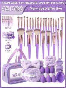 45PC Makeup Tools Set Including:25PCS Makeup Brush Set+6PCS Triangle Powder Puffs+6PCS Makeup Sponges+3PCS Facial Cleansing Sponges+2PCS Hand Bowl Strap+1pc Hairband+1pc Makeup Brush Cleaning Tools+1pc Multi-Functional Zipper Toiletry And Cosmetic Bag Waterproof - Multicolor - View 1
