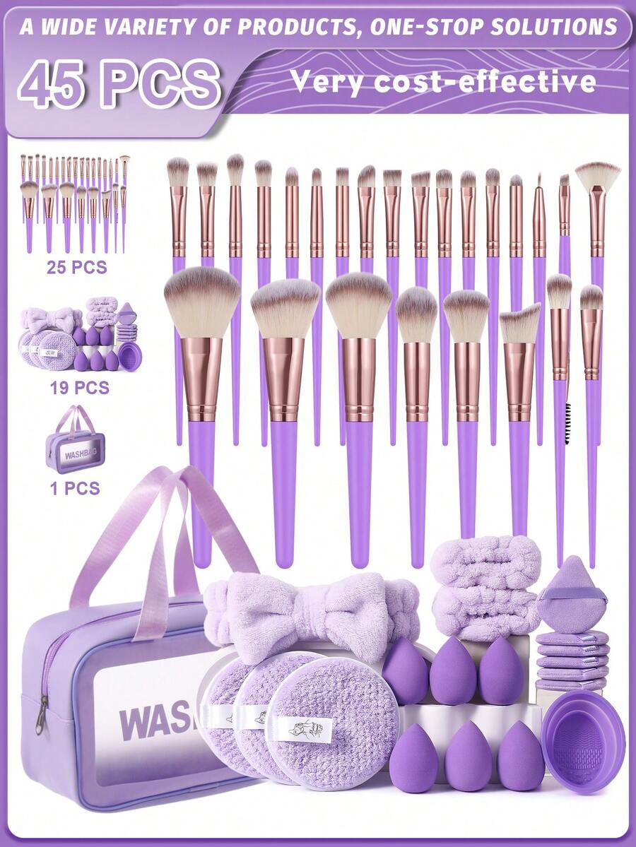 45PC Makeup Tools Set Including:25PCS Makeup Brush Set+6PCS Triangle Powder Puffs+6PCS Makeup Sponges+3PCS Facial Cleansing Sponges+2PCS Hand Bowl Strap+1pc Hairband+1pc Makeup Brush Cleaning Tools+1pc Multi-Functional Zipper Toiletry And Cosmetic Bag Waterproof - Multicolor - View 1