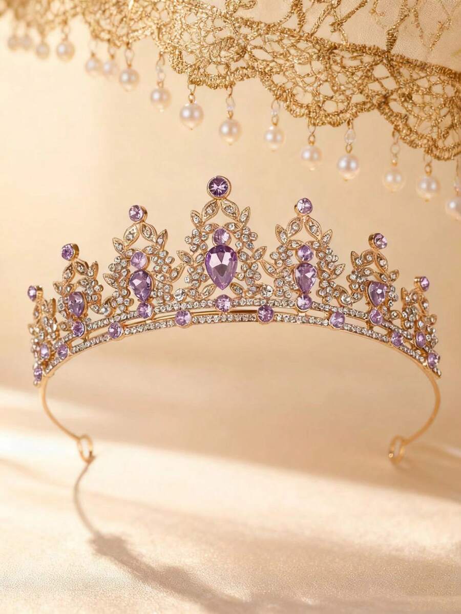 1件优雅合金皇冠，适合新娘、女士婚礼、派对、生日、公主装扮配饰 - 紫色 - 查看 1