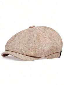 1pc Men's Solid Color Linen Newsboy Cap, Casual Outdoor Hat Suitable Spring, Autumn, Travel, Beach, Party - 深灰色 - 查看 1