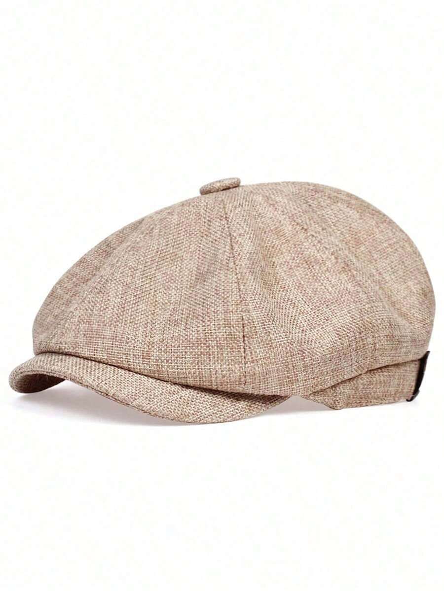 1pc Men's Solid Color Linen Newsboy Cap, Casual Outdoor Hat Suitable Spring, Autumn, Travel, Beach, Party - 深灰色 - 查看 1