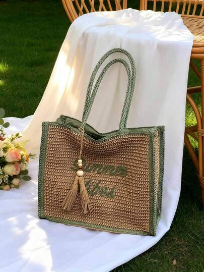 1pc Summer New Women Large Capacity One Shoulder Straw Woven Bag, Book Bag With Letter Print, Tassel Decor, Casual Chic Fashion Beach Holiday Style, Versatile