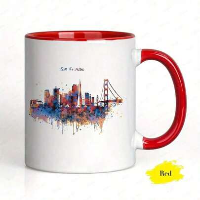 1 pieza, Taza de café de cerámica de 11 onzas con patrón de arte de acuarela del horizonte de San Francisco, apta para lavavajillas, taza conmemorativa con tema de ciudad, adecuada para familia/amigos/compañeros de trabajo, ideal para regalo de vacaciones/fiesta/cumpleaños, atractiva para entusiastas de los viajes, recuerdo de fiesta, diseño artístico, sensación hecha a mano, material de cerámica resistente, taza coleccionable, taza conmemorativa, opción para el hogar y los amigos.