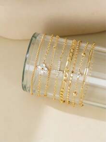 PHCOO 时尚多层链条手链，新款简约金色首饰，个性化合金手链套装，可自由搭配叠戴手链 - 金色 - 查看 2