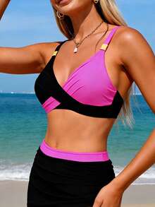 Women's 2 Piece Skirted Swimsuits Contrast Color Bikini Set Summer Two Piece Bathing Suits - Hot Pink - View 5
