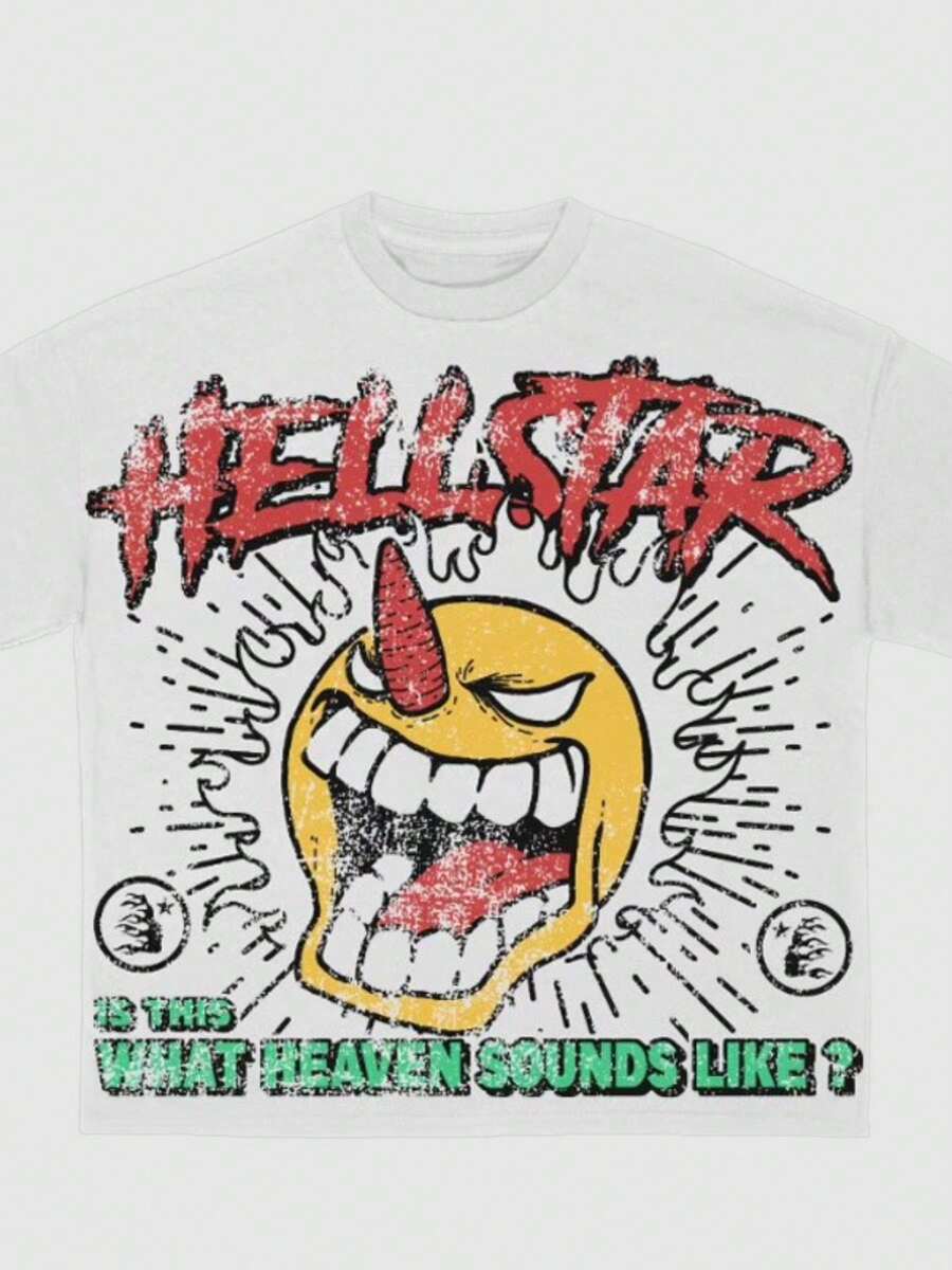 Hellstars Is This What Heaven Sounds Like? Angry Y2K Graphic T-Shirt,220g 100% Cotton,Round Neck Short Sleeve,White Streetwear Essential,Unisex Style - White - View 1