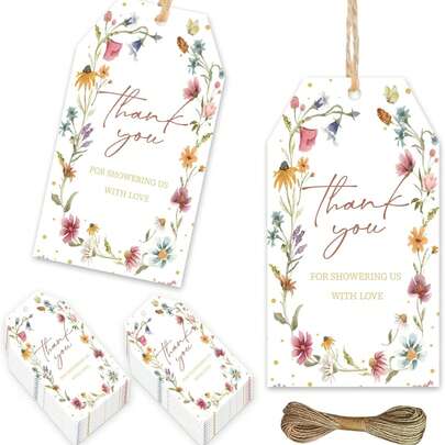 50 PIEZAS Etiquetas de agradecimiento de flores silvestres Gracias por rociarnos con amor Etiquetas colgantes de flores silvestres en acuarela para regalos de baby shower, boda, ducha nupcial, fiesta de cumpleaños