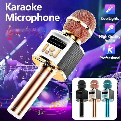 高品质无线麦克风，卡拉OK便携式手持麦克风音箱，蓝牙麦克风，高功率，适合所有年龄段使用，可用于手机唱歌、现场演唱、无线音箱麦克风、家用卡拉OK麦克风，配备1200mAh可充电电池，续航时间长