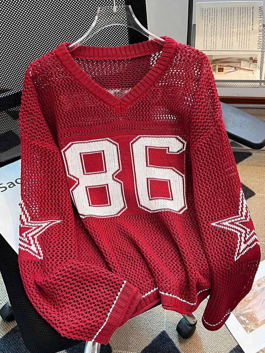 女士夏季宽松大码卫衣，休闲数字印花优雅轻盈镂空针织上衣，春季款