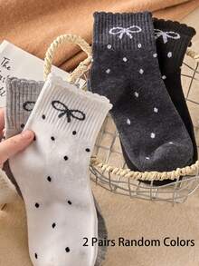 1/2/4 Pairs Women Polka Dot Bow Ankle Socks, Black/White/Grey Available, Suitable For All Seasons, Random Color Shipped - Multicolor - View 13