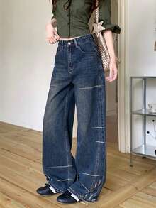复古美式设计 时尚百搭 宽松休闲阔腿牛仔裤 - 藍色 - 查看 2