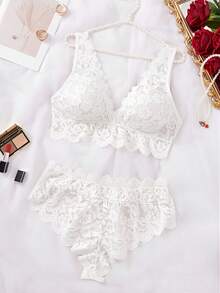 大码女士性感蕾丝内衣套装 - 白色 - 查看 4