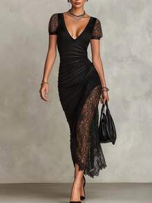 Sedessea Vestido elegante negro ajustado para mujer, diseño de cuello en V con pliegues, detalles de encaje en contraste, manga corta, nuevo lanzamiento - Negro - Ver 3