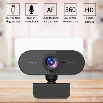 Webcam HD 1080P con microfono integrato, ampio angolo di visione, interfaccia USB, rotazione a 360°, telecamera con molletta, adatta per ufficio e monitoraggio della domestica