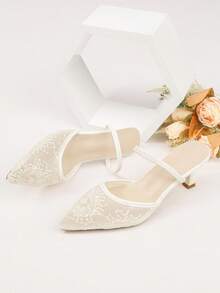 2026春夏新款法式尖头高跟凉鞋，中国风刺绣蕾丝网眼镂空穆勒鞋，优雅精致细高跟鞋，百搭迷人淑女高跟鞋 - 白色 - 查看 3